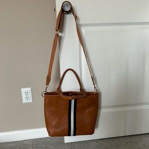 Tan Leather Tote with Center Stripe - Women's Shoulder Bag